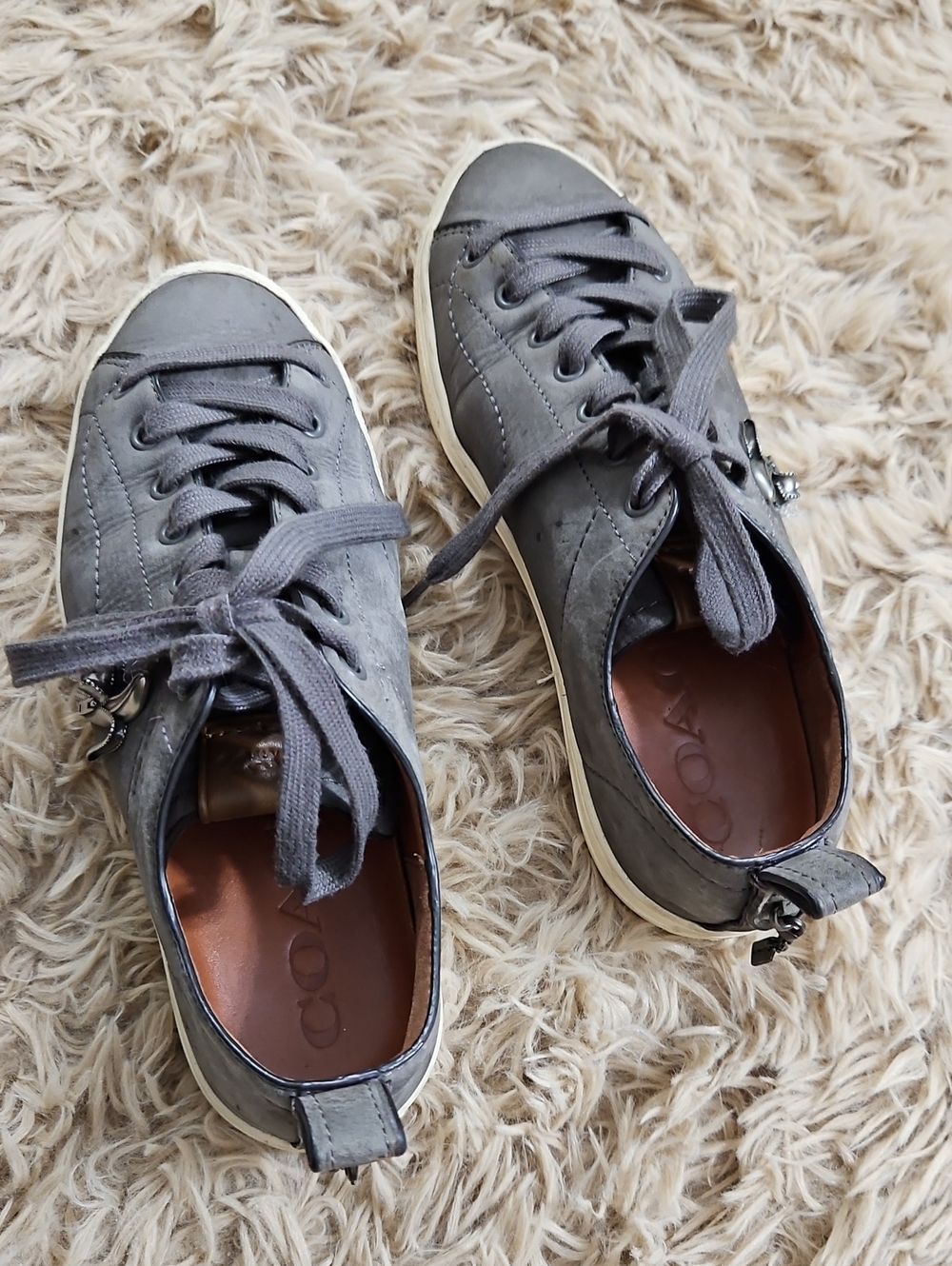 COACH Seal Gray Leather Low-Top Lace-Up Sneaker With Charms